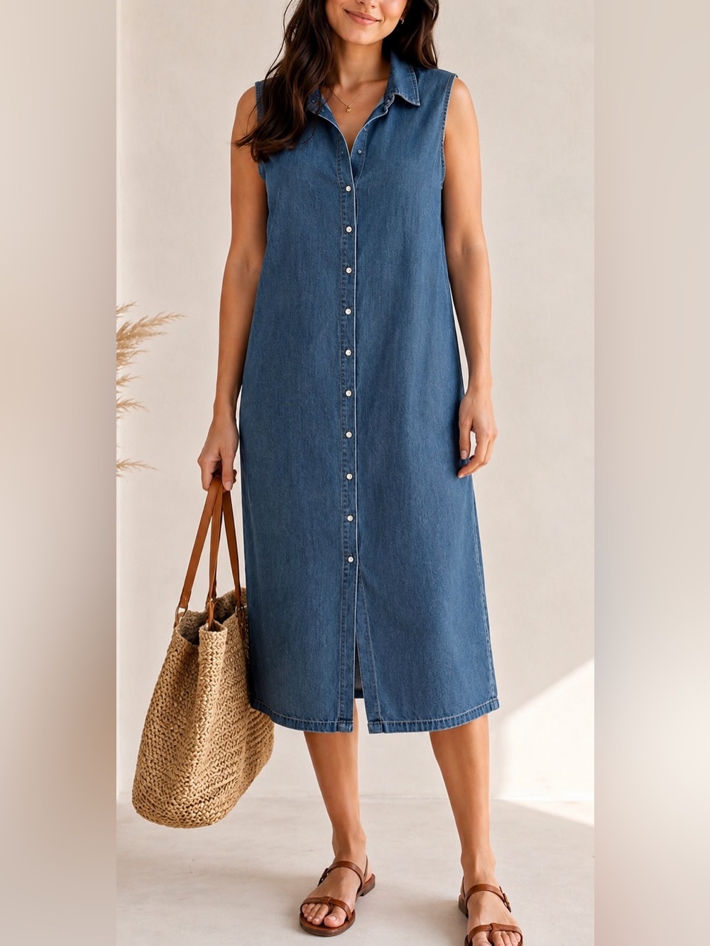 Vintage Casual Corner Annex Denim Shirt Dress Sleeveless Button Front Midi 16W